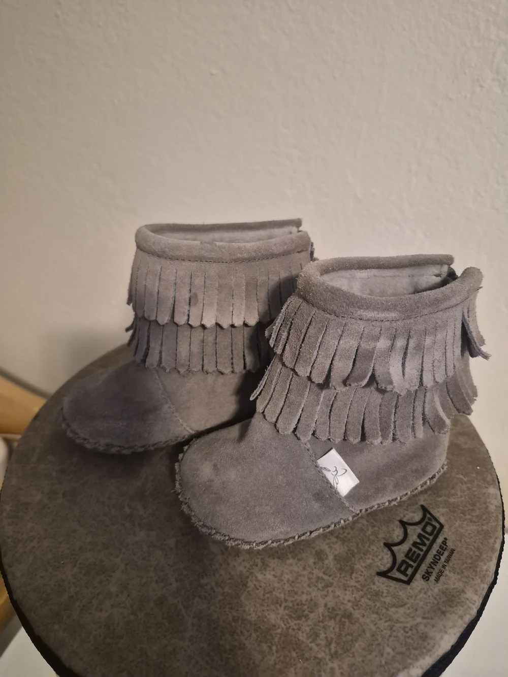 Baby Fringe Suede Booties in Grey